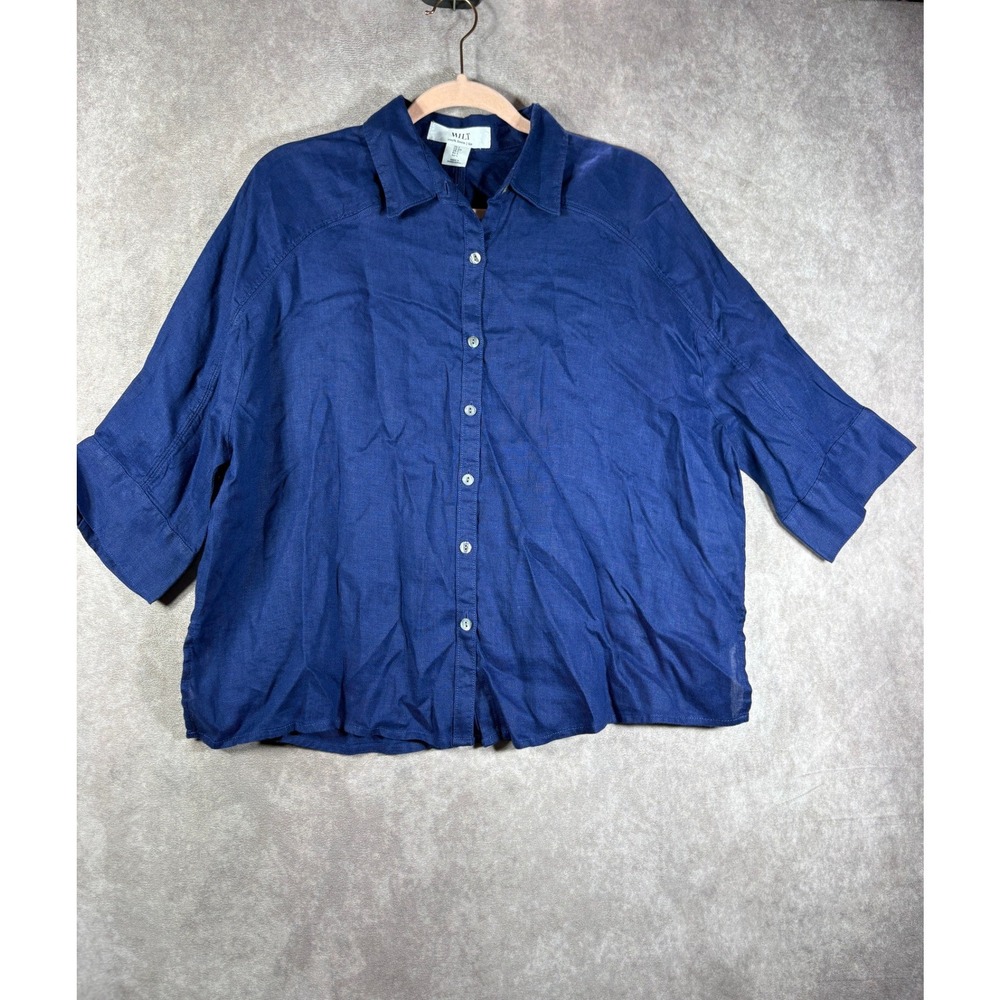 Wilt Button Down Shirt Womens Small Blue Linen Shirt Boxy Short Sleeve Casual